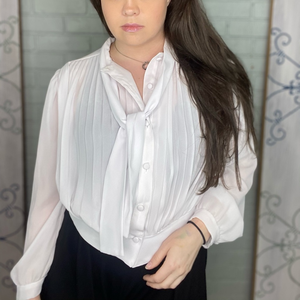 Vintage 1970s Tie Front Sheer White Blouse S/M